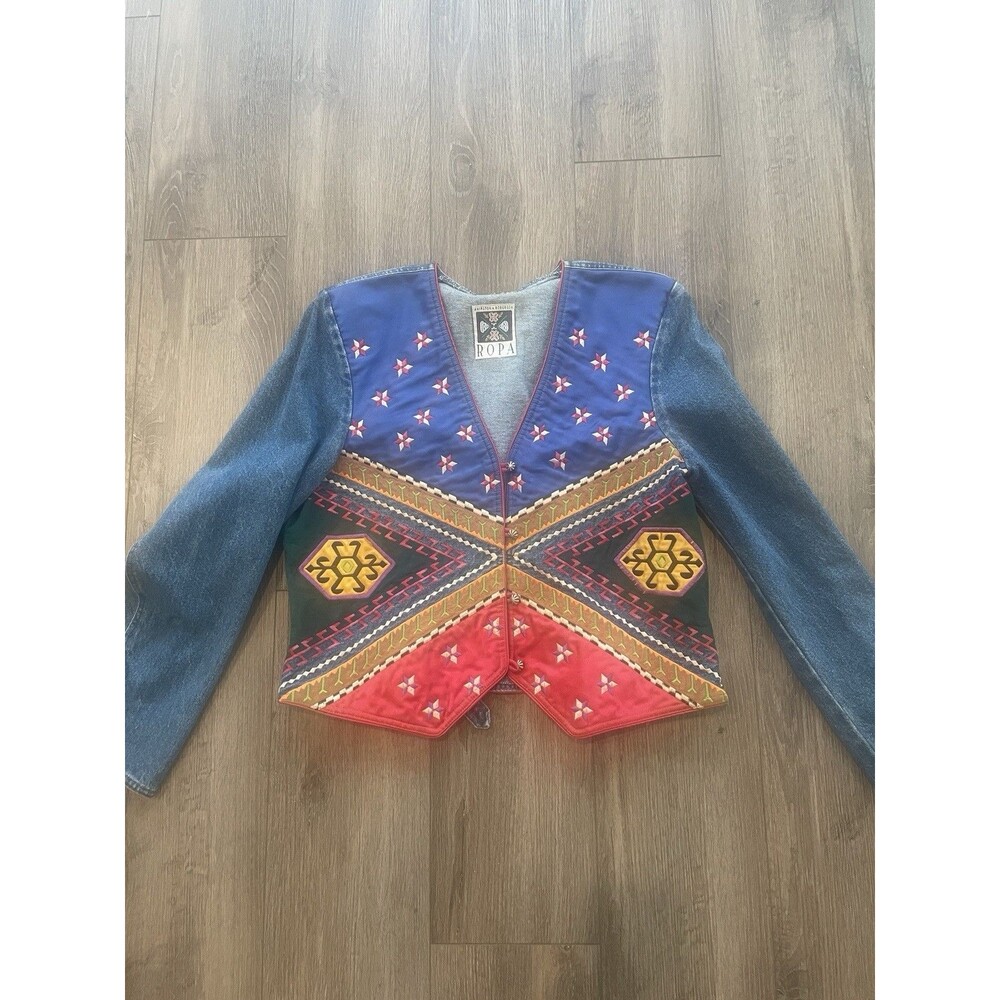 Hairston Roberson ROPA VTG Sz L Denim Embroidered  Jacket Western USA LG Aztec